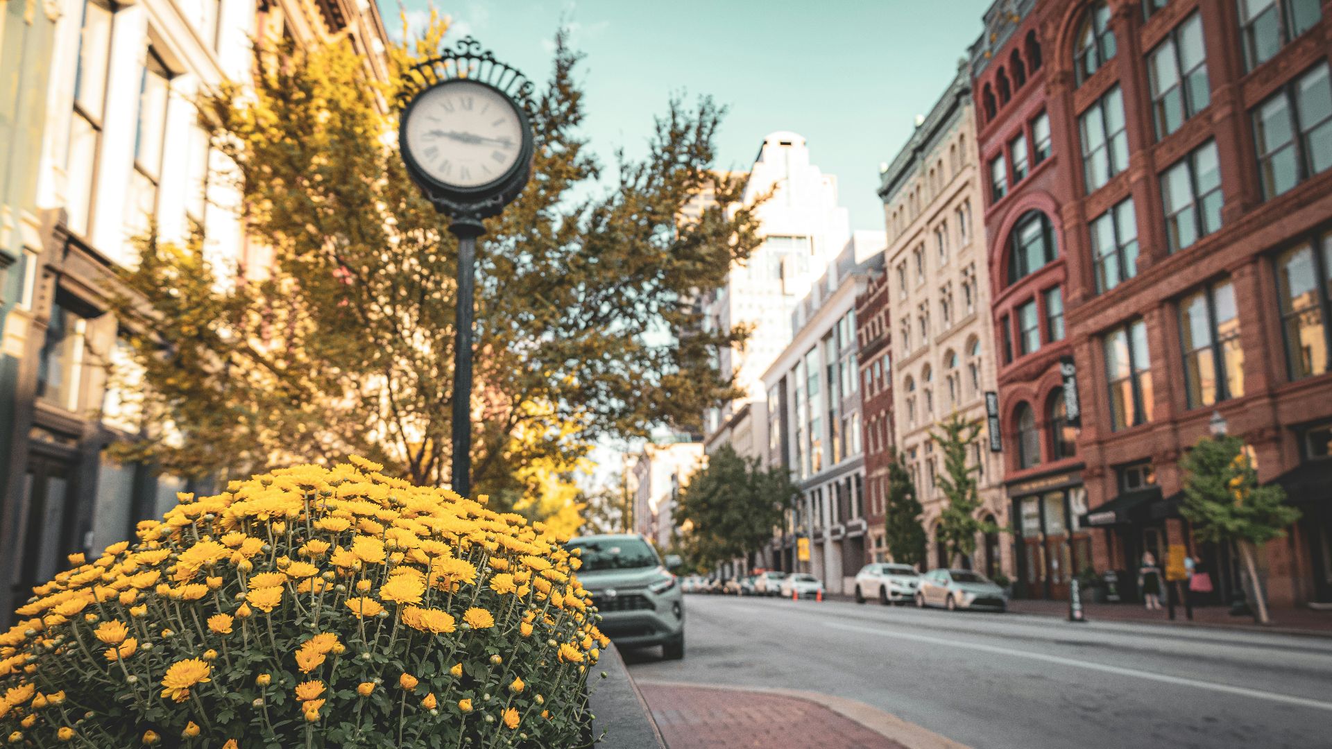 A clock on a pole on a city street