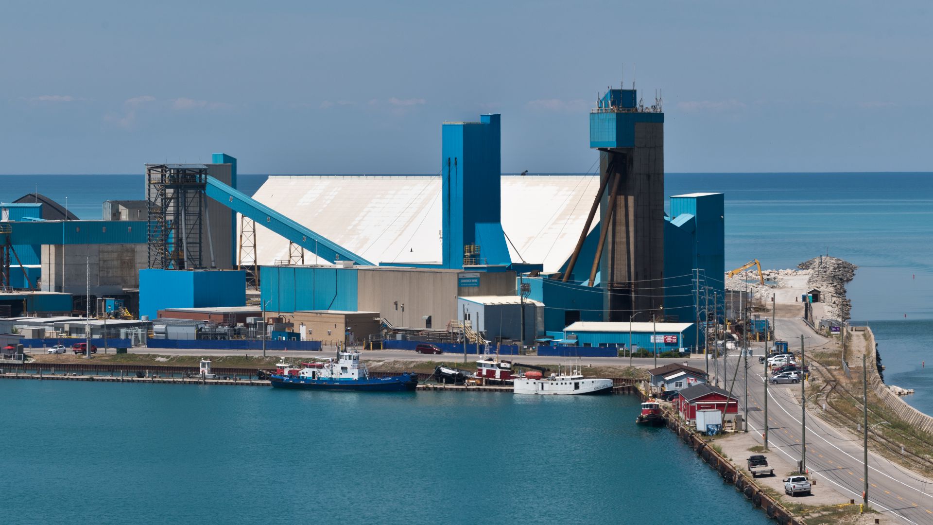 Sifto Canada salt mine and processing plant at the harbor in Goderich, Ontario Canada on July 19, 2018.