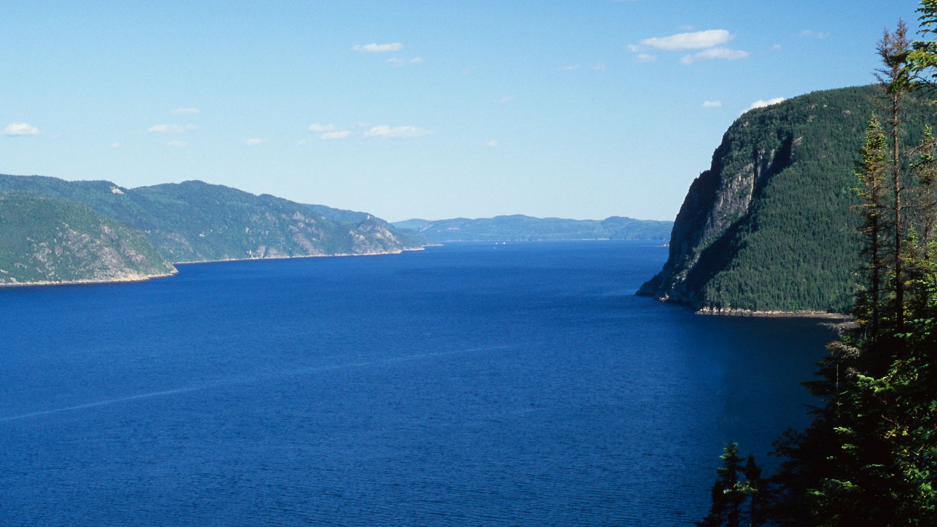 Saguenay river and Cap Éternité, seen from the first level of Cap Trinité, Fjord-du-Saguenay national park, Quebec, Canada.