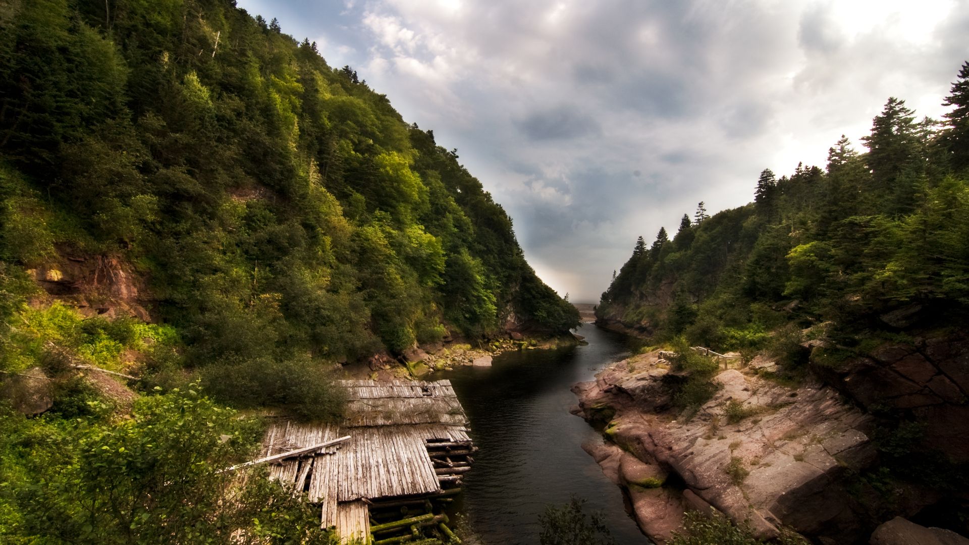 Ruine du barrage et rivière Point Wolfe dans le parc national de Fundy