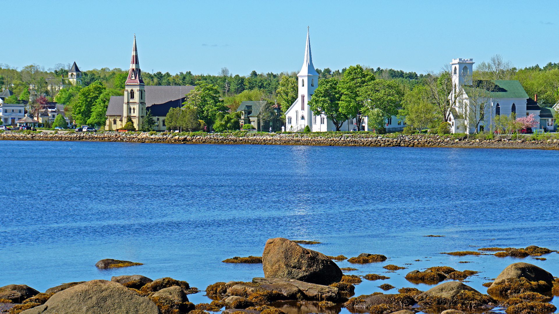 One of the most common things that get photographed in Mahone Bay are the three churches. 
From left to right:
St. James Anglican Church, this building was built in the 1880s.
St. John’s Lutheran Church, built here in 1869 and considerably renovated in 19