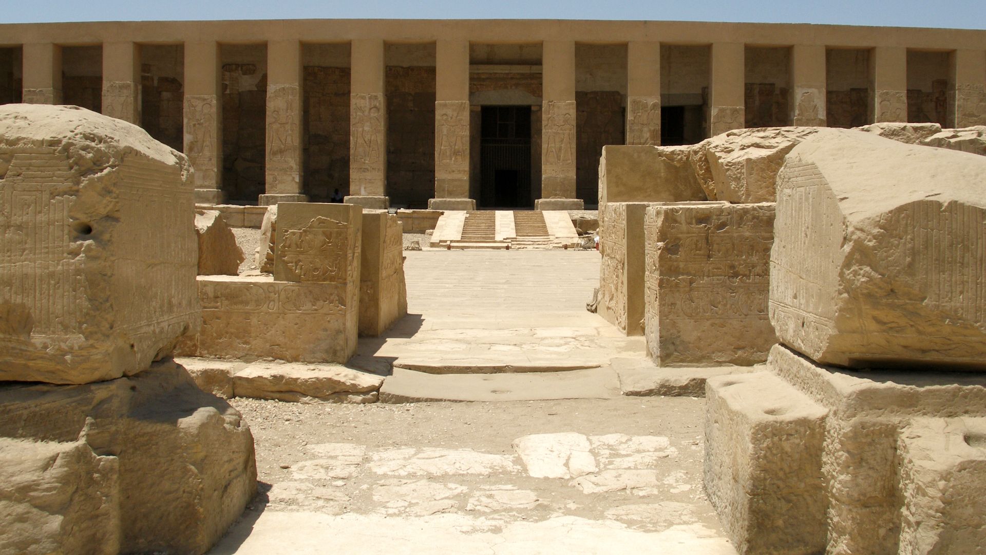 Temple of Seti I. From earliest times, Abydos was a centre of the rising cult of Osiris and Isis. More than 4500 years of constant use. The temple contains an inscription known as the Abydos King List. Abydos, Sohag, Egypt.