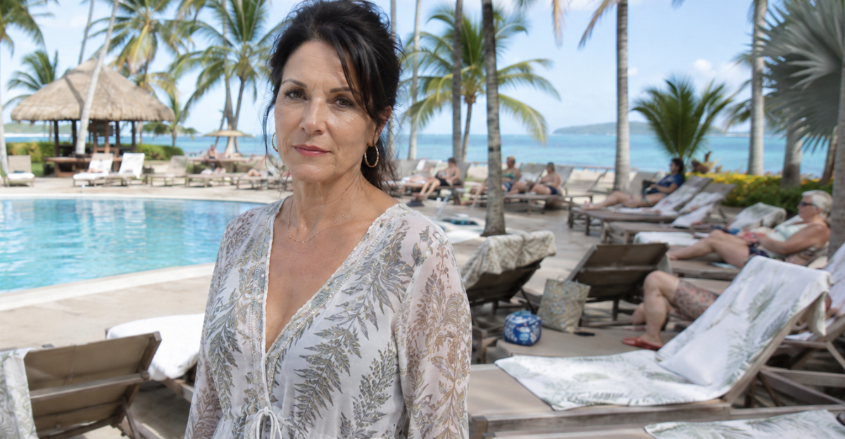 Woman standing poolside looking at camera