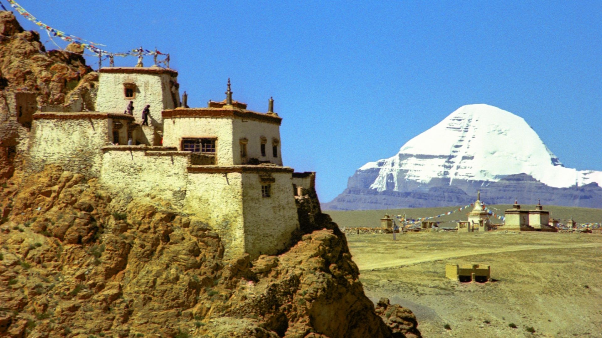Chiyu Gompa and Mount Kailash with pilgrims