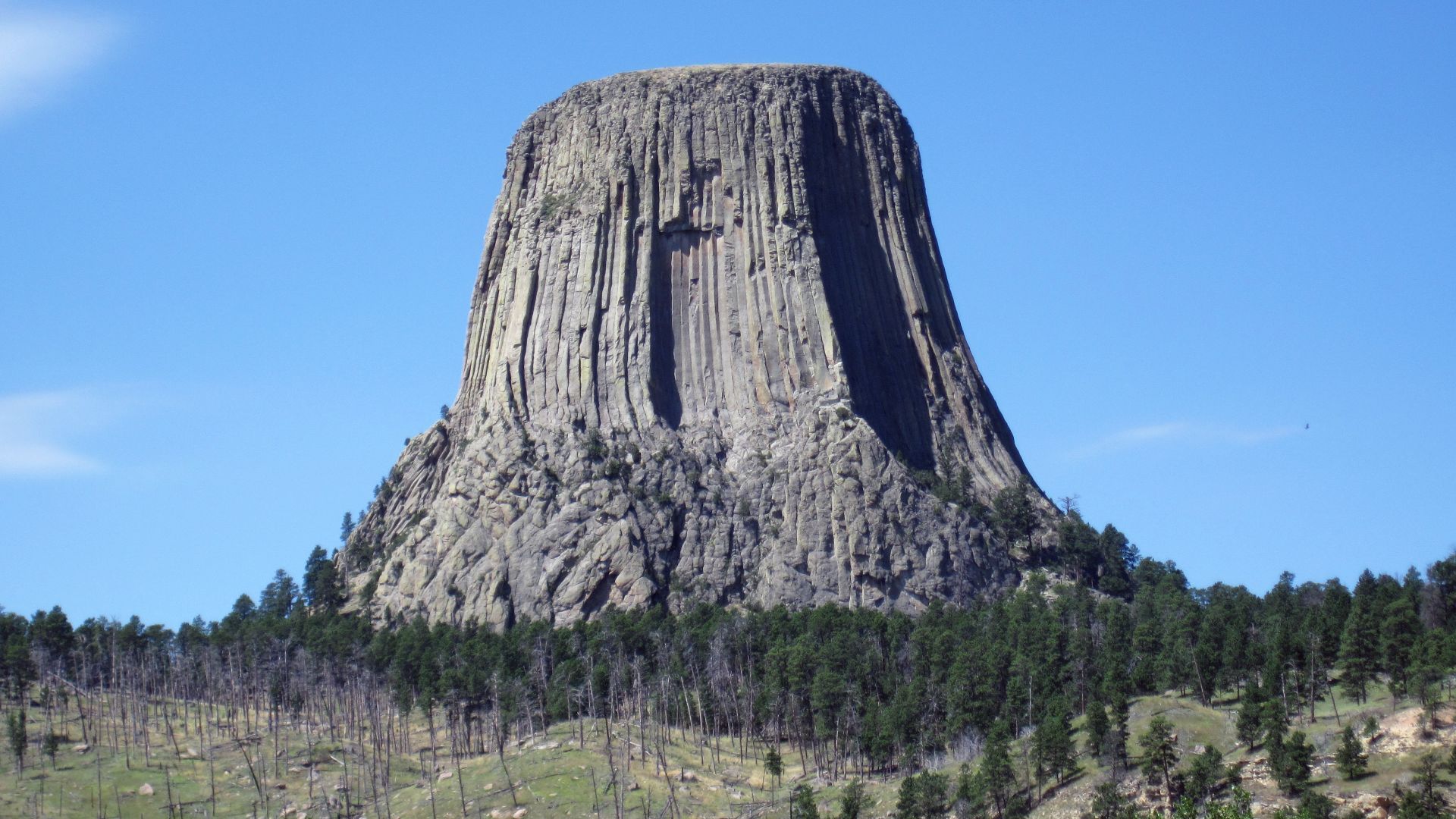 The principal scenery at America's first national monument in northeastern Wyoming is a distinctive igneous feature called Devils Tower.  It has been variously interpreted as a volcanic neck (probable), an eroded laccolith (unlikely), or an eroded stock (