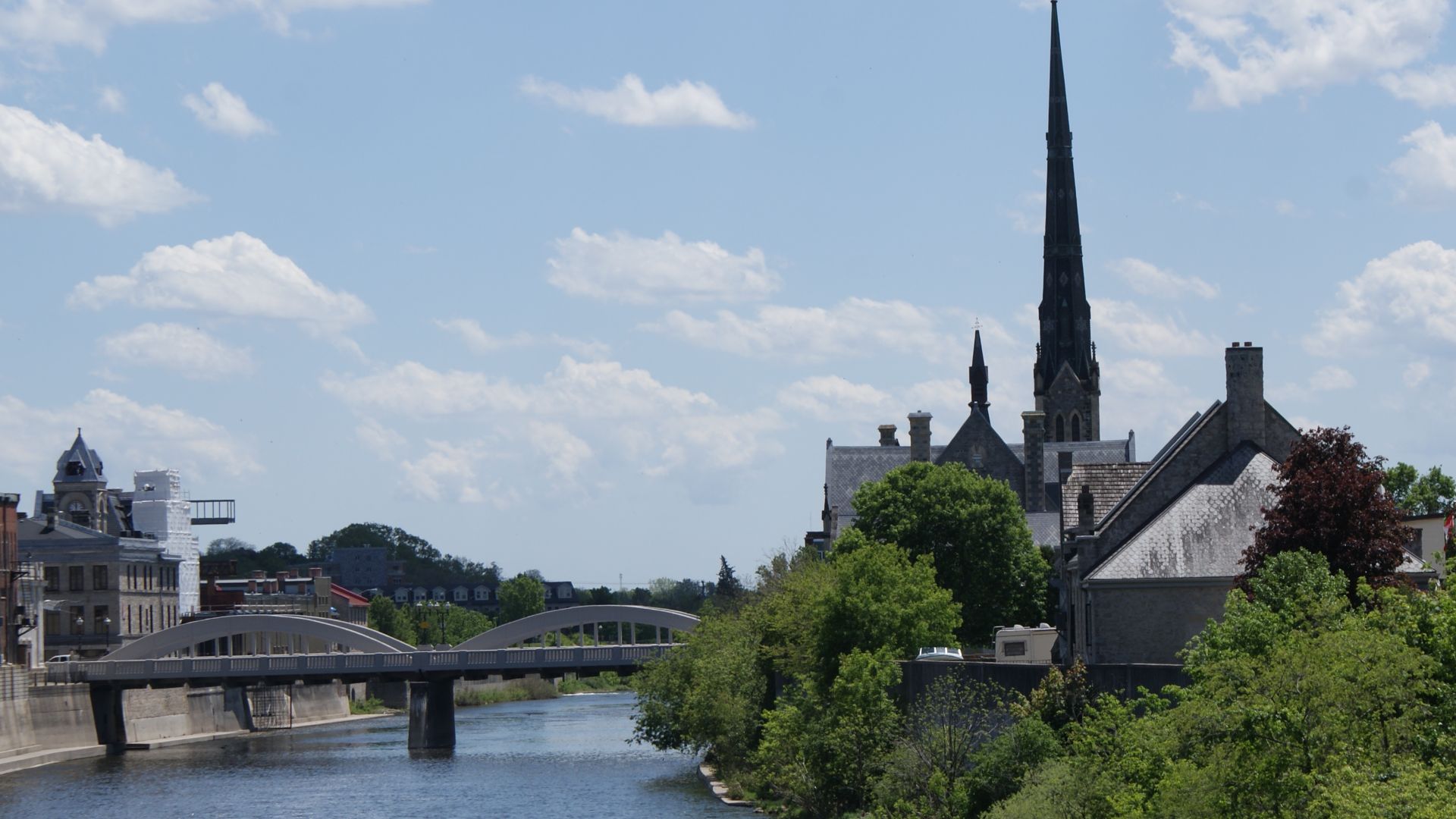 19th century church on the Grand River in Cambridge, Ontario, Canada