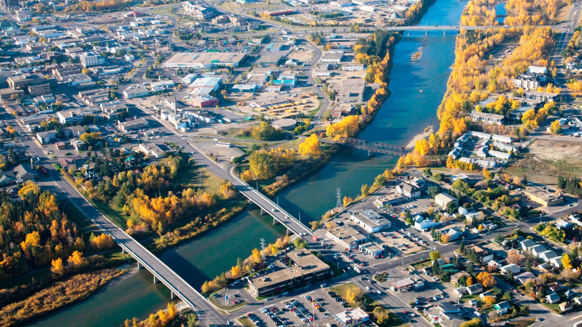 Red Deer from the air; south is to the top left of the photograph.