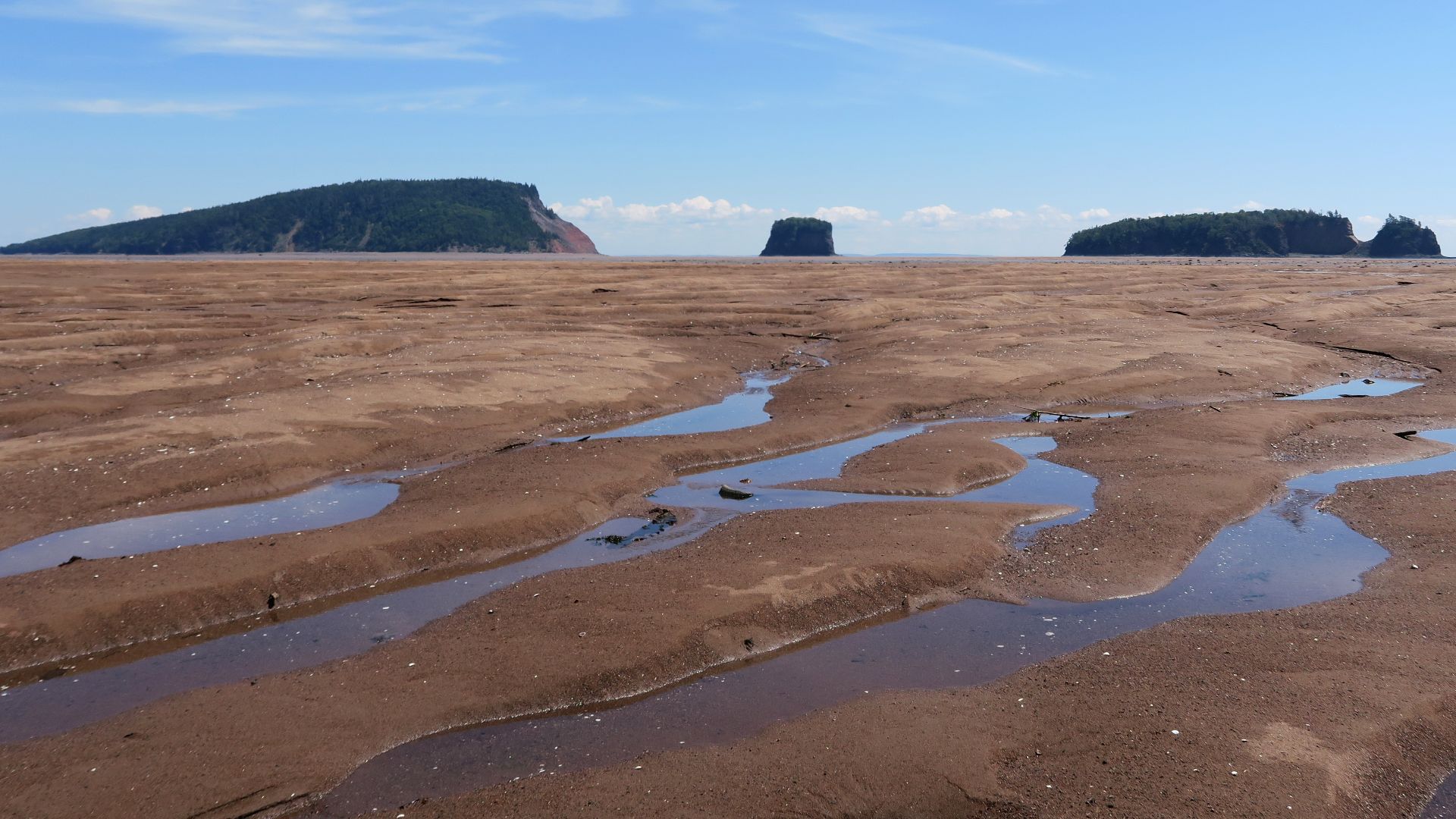 This photo was taken in the Bay of Fundy, Nova Scotia, near Five Islands at low tide looking east at the islands.
