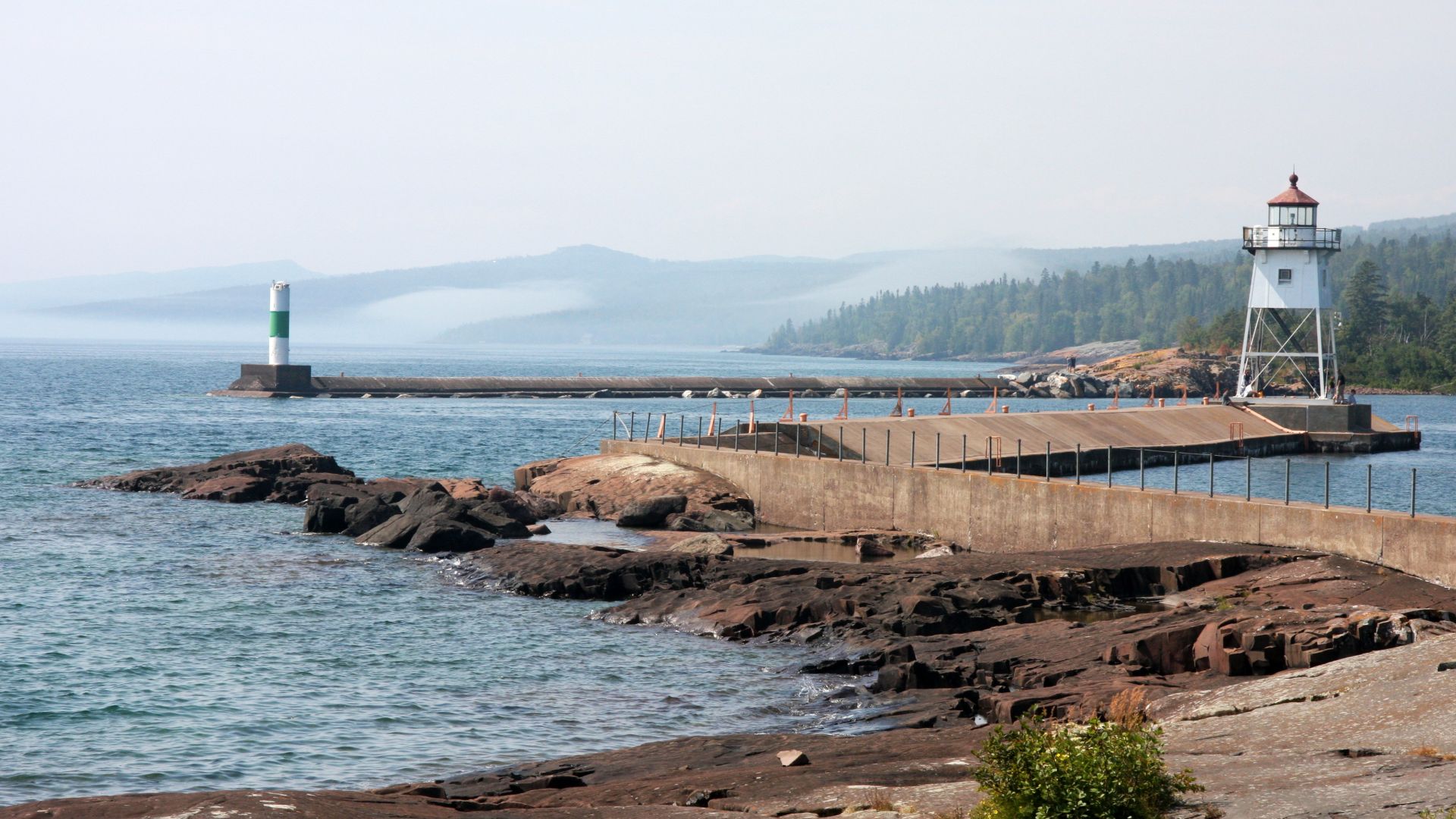 The entrance to the harbor on the north shore of Lake Superior at Grand Marais, Cook County, Minnesota, United States