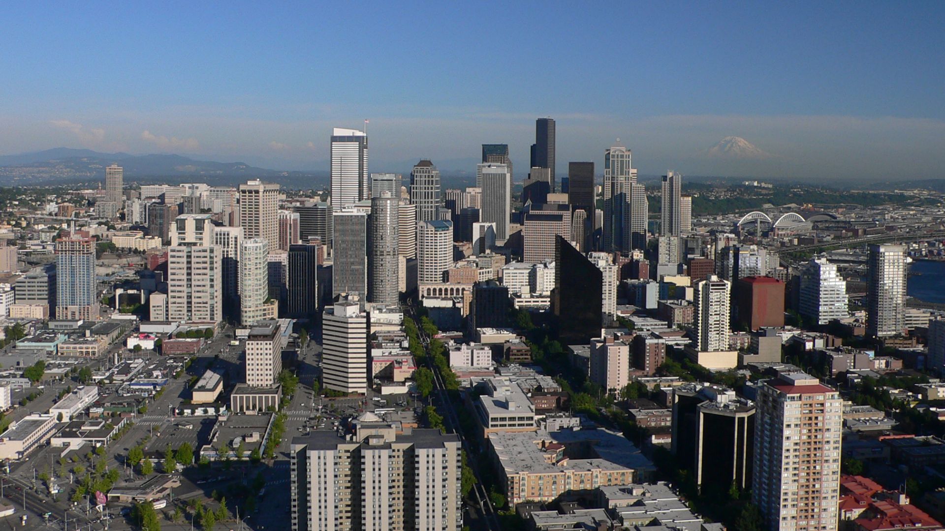 Exploring Seattle for a day: Downtown from Space Needle. Mount Rainier in background at right.