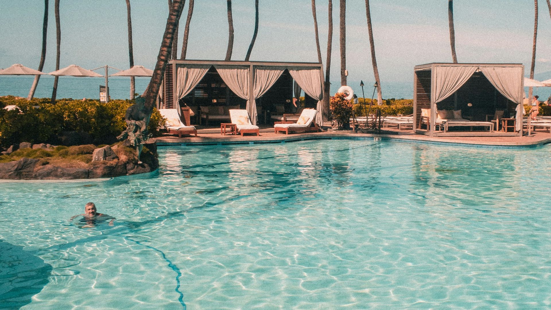 a large swimming pool surrounded by palm trees