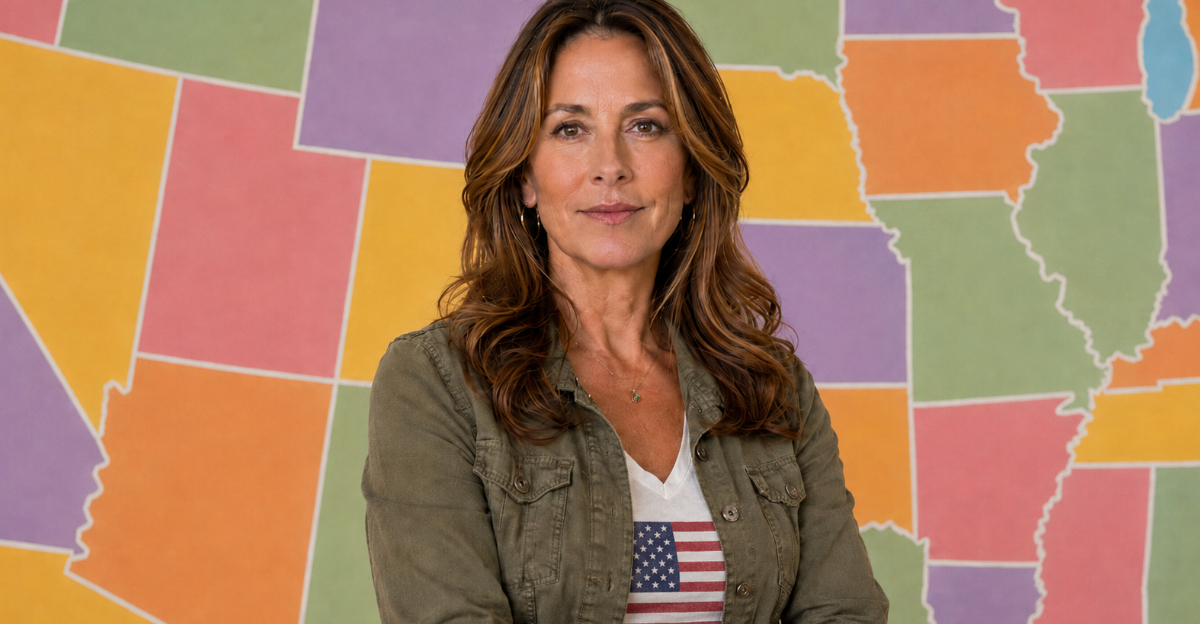 Woman looking at camera, USA state map background