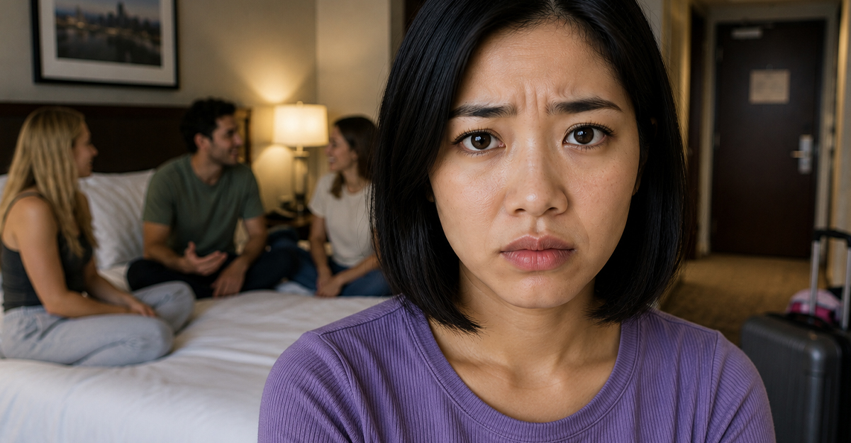 Concerned Asian woman in a hotel room