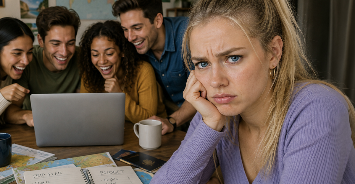 Frustrated woman with friends looking at a laptop behind her