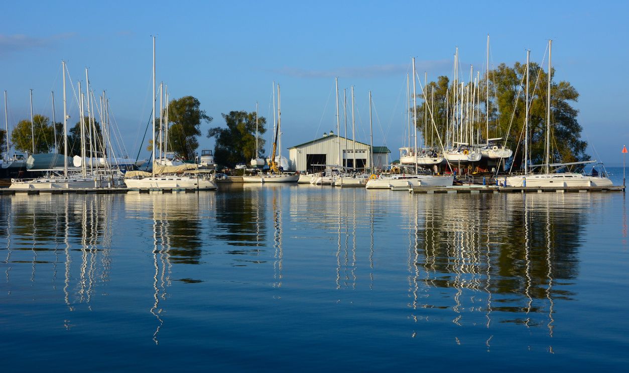 Beautiful view of the marina at Sackets Harbor in New York state with blue sky