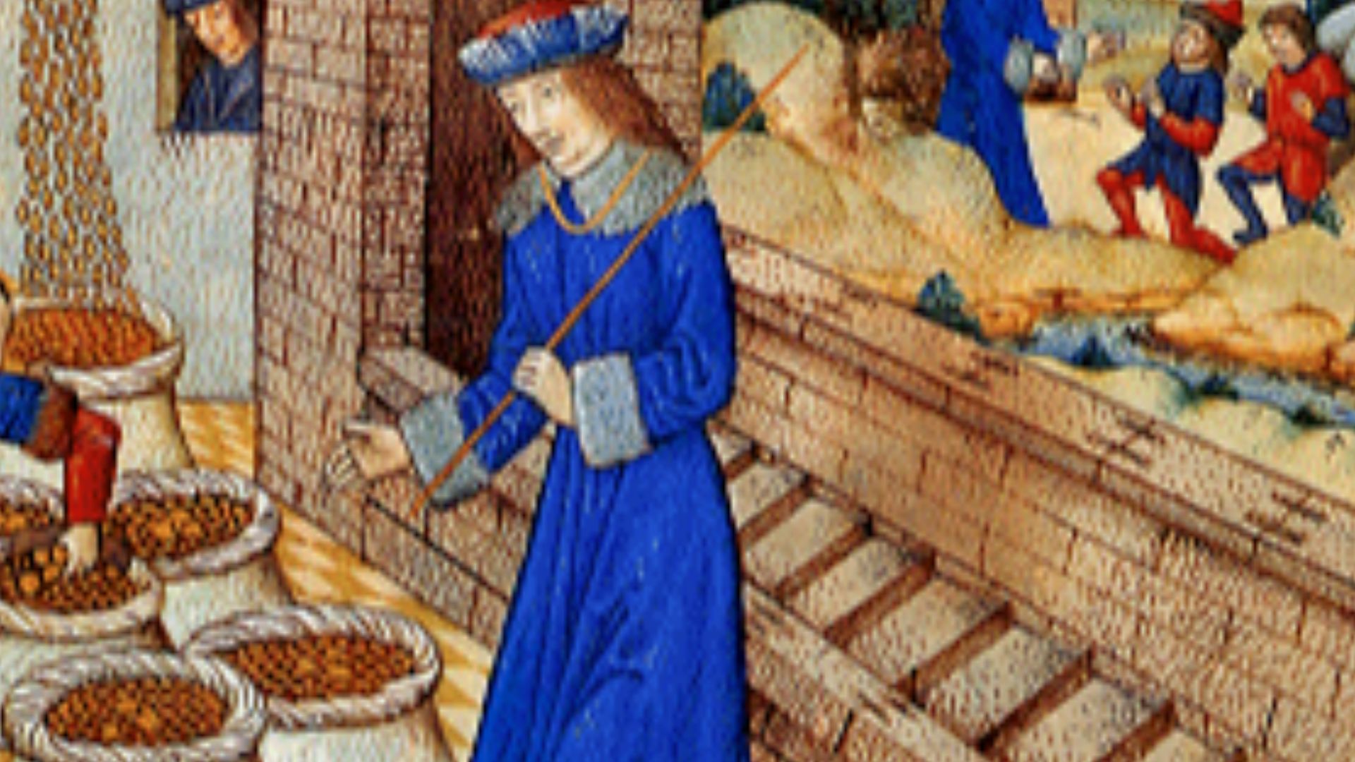 Het graan wordt over gelijke zakken verdeeld. Miniatuur in de Biblia figurata, gemaakt voor Raphaël de Mercatellis, Gent (?), eind 15e eeuw. 

Gent, Kathedraal, Ms. 10, fol. 74