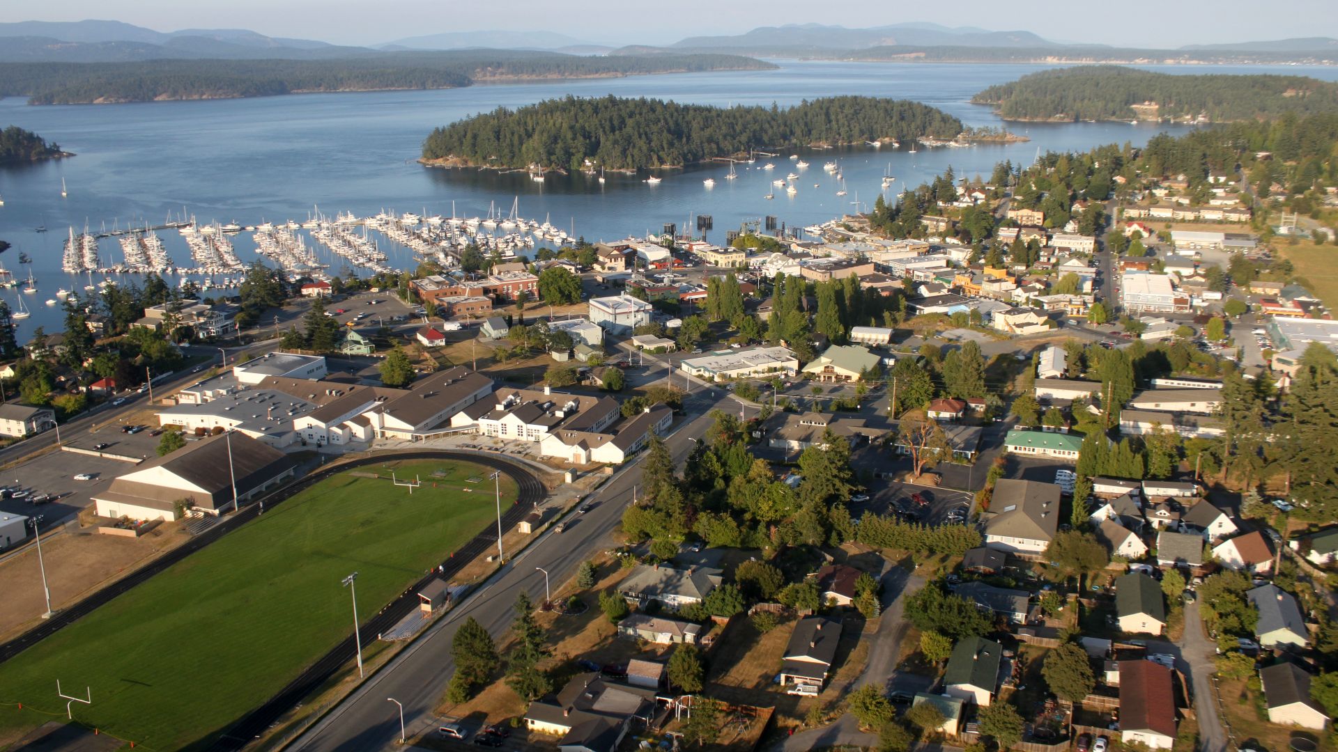 An aerial view of Friday Harbor, on San Juan Island, Washington. Shot from about 400' AGL, looking east.