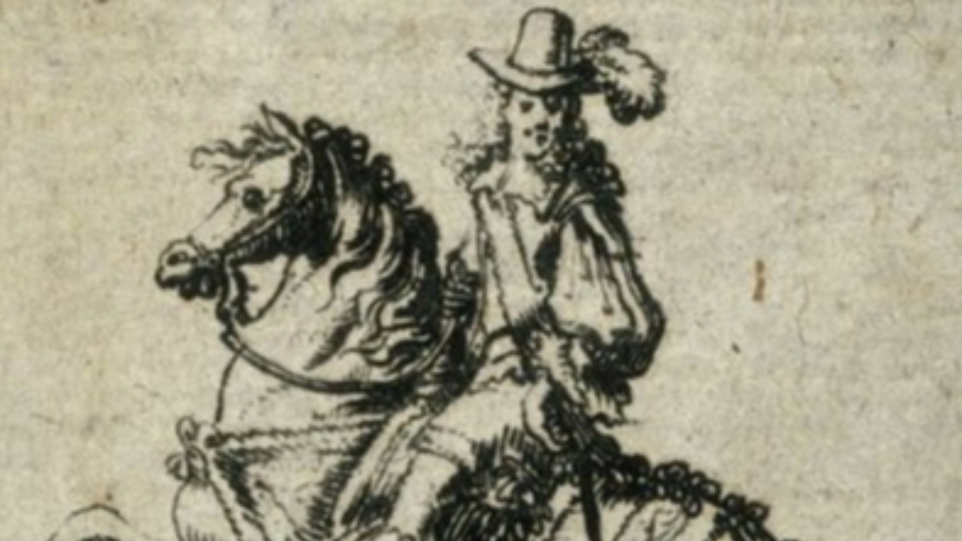 D'Artagnan par Nicolas Cochin. Détail de la Marche à l'entrée de Leurs Majestés en la Ville de Paris. Cortège de l'entrée à Paris du roi Louis XIV et de la reine Marie-Thérèse, le 26 août 1660 ; fragment d'un almanach pour l'année 1661 ; représentation de