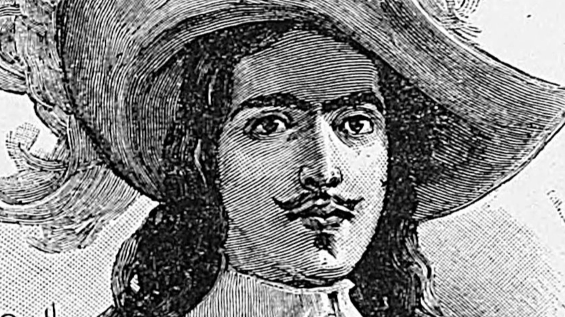 D'Artagnan, vue d'artiste d'Eugène Damblans en frontispice d'une réédition de l'ouvrage de Gatien de Courtilz de Sandras, Mémoires de Monsieur D'Artagnan, Capitaine Lieutenant de la première Compagnie des Mousquetaires du Roi, Le Cadet, 1896.