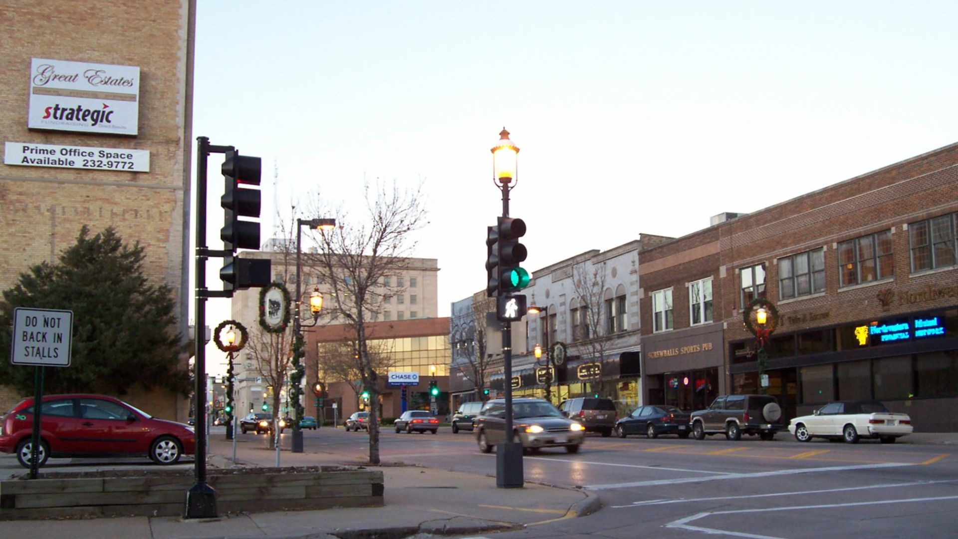 Looking northerly at downtown Oshkosh, Wisconsin, USA at Main Street which is U.S. Highway 45. Cropped from the original.