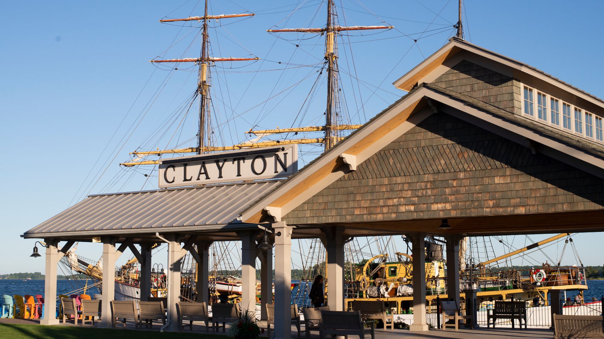 Harbor of Clayton, NY, September 2019, with the Picton Castle tall ship in the background