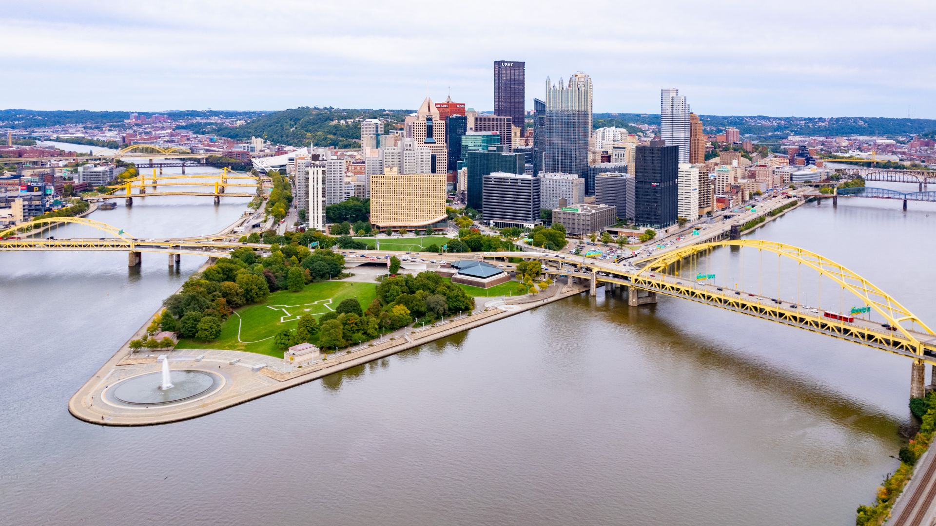 Ariel view of Pittsburgh, Pennsylvania at Point State Park where the Ohio River begins.