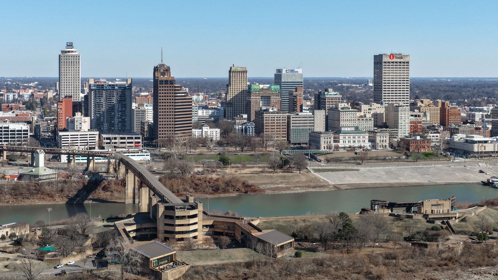 Aerial view of Downtown Memphis along the Mississippi River.