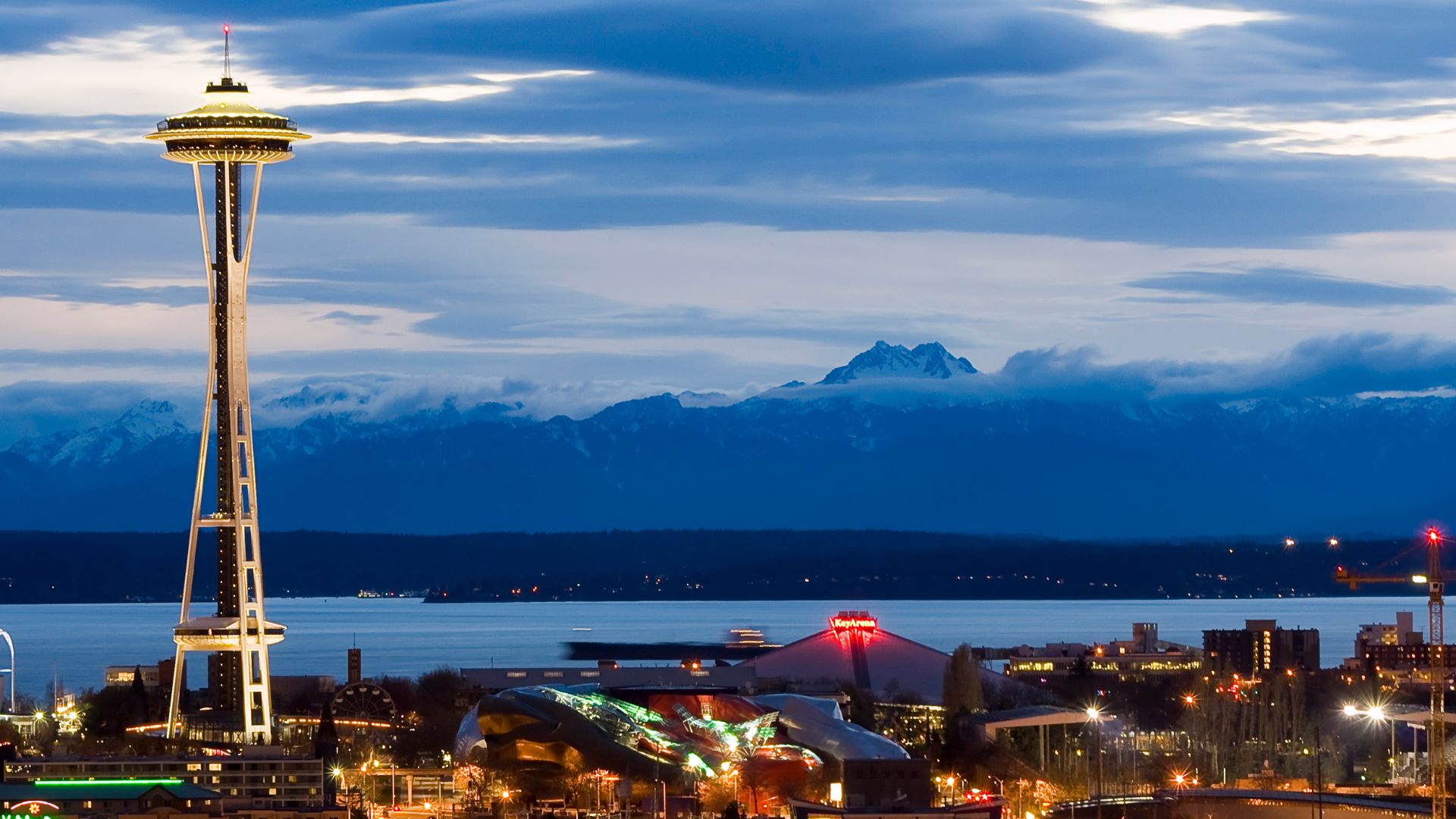 Seattle Center as night falls.