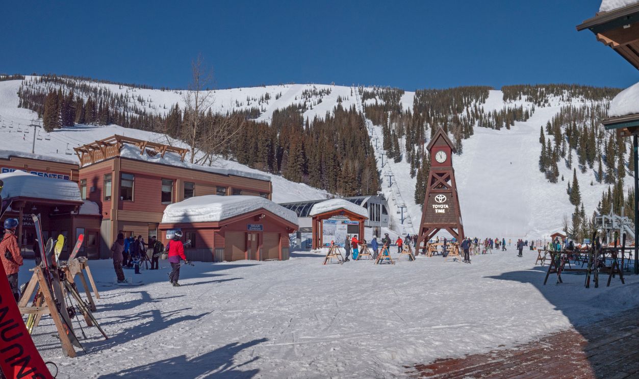 Sandpoint, Idaho/USA - January 2019: Skiers And Snowboarders at Schweitzer Ski Resort Lodge Base Area