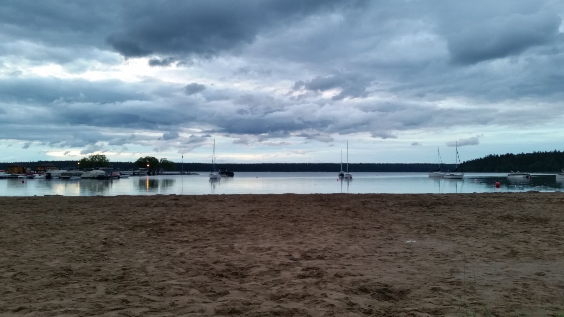 A view of Wasagaming main beach on the evening of Canada Day 2018, facing the lake.