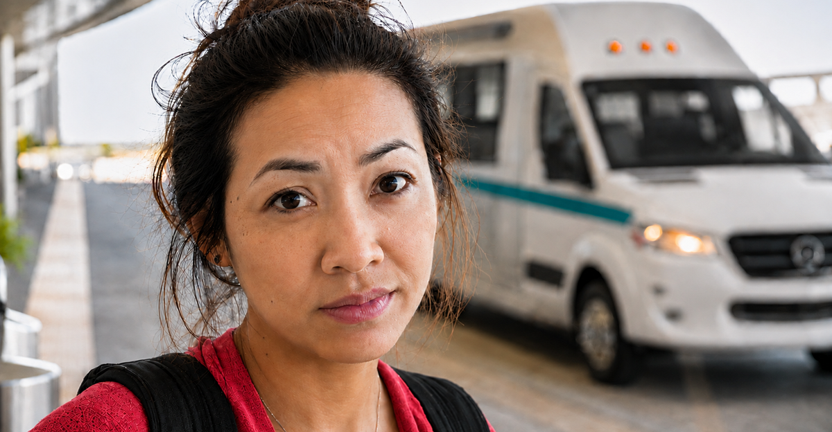 AI-generated image of a concerned traveler standing near a white shuttle van at an airport pickup area
