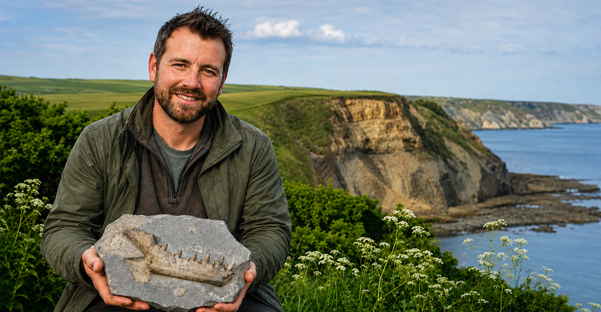 AI-generated image of a smiling man displaying a jaw fossil beside a coastal cliff