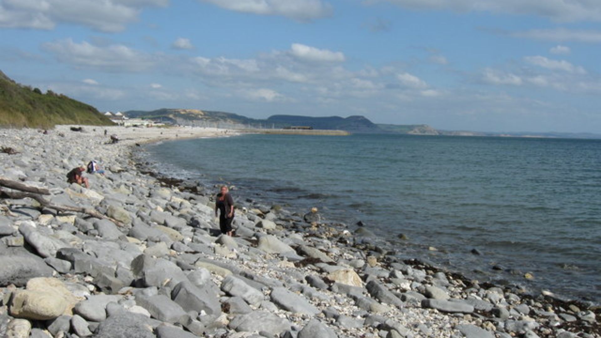 Fossil hunters near Seven Rock Point, Lyme Regis Golden Cap in shadow in the distance.