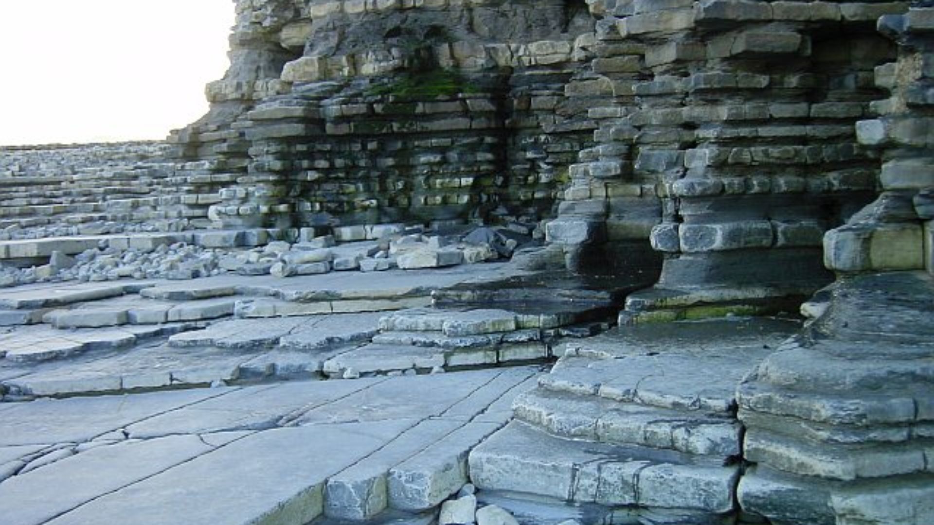 Lavernock beach and cliff. Layers of blue lias near Lavernock Point. See also 1198
