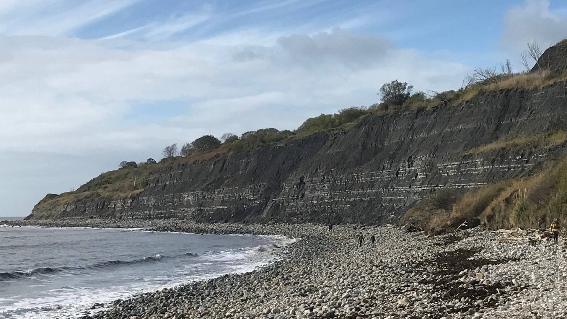 Jurassic strata visible in the cliffs to the west of Lyme Regis, West Dorset. Ammonite fossils were common in the rocks on the beach.
