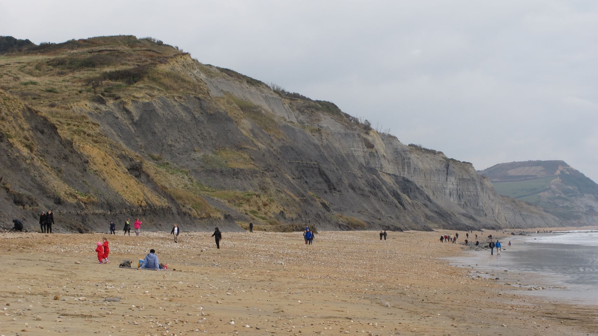 Charmouth beach with fossil hunters