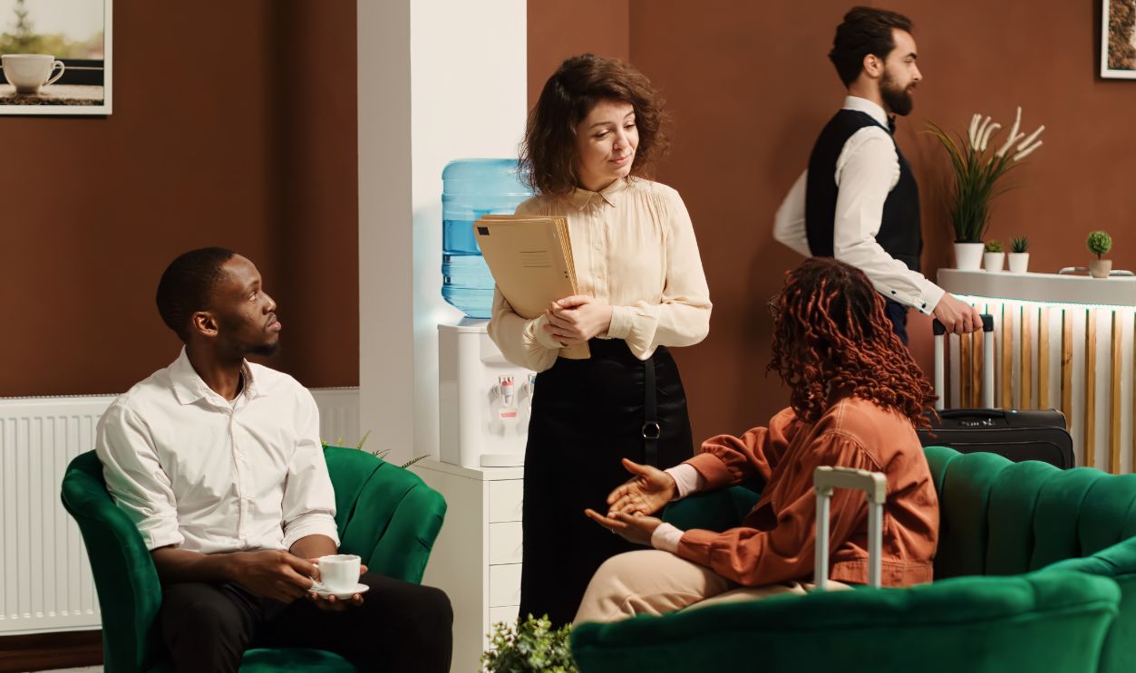 Hospitality manager upselling tourists, suggesting hotel extras and room upgrades, trying to accommodate any special request. Guests discussing booking options while being checked in