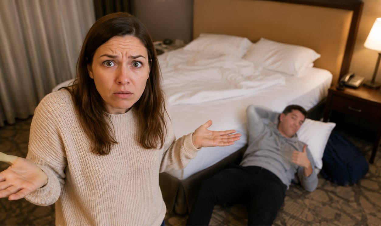 Confused Woman, Unbothered Man in Hotel Room