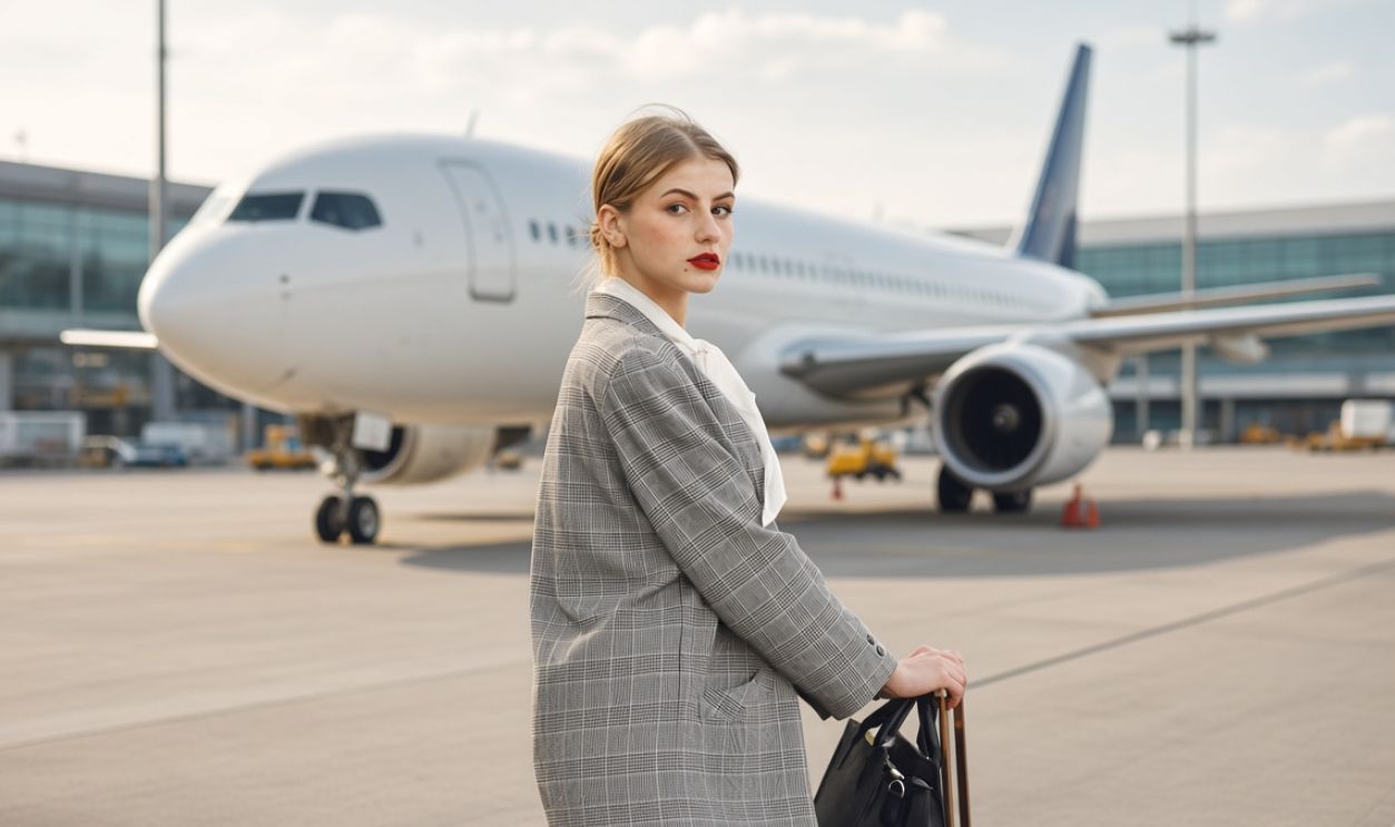 Confident businesswoman standing with luggage outdoors, ready for travel.