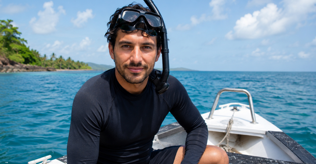 Man in snorkle gear sitting on a boat looking at the camera