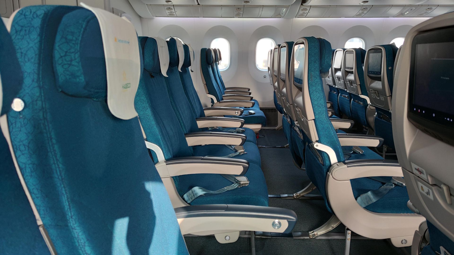 A row of empty blue airplane seats in an economy class cabin on a sunny day