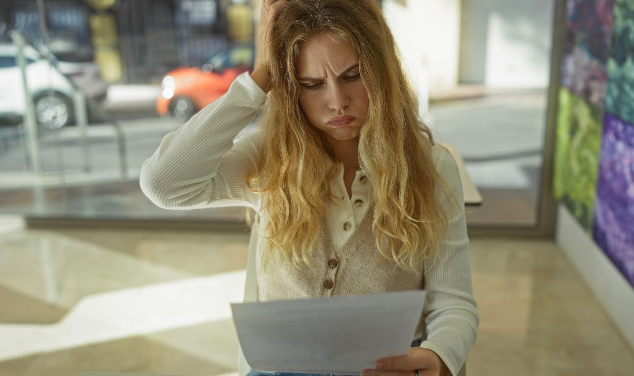 Woman looking frustrated in office holding paper, blonde adult examining document inside modern workplace with windows.