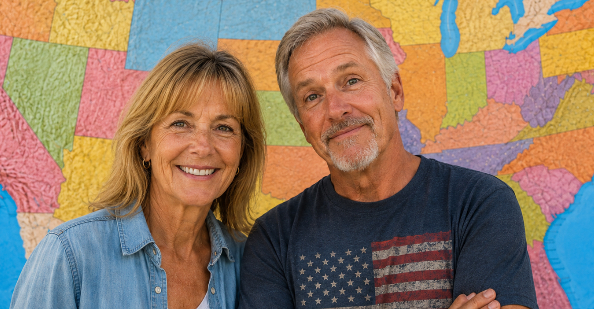 Man and woman looking at camera, Background US States Map