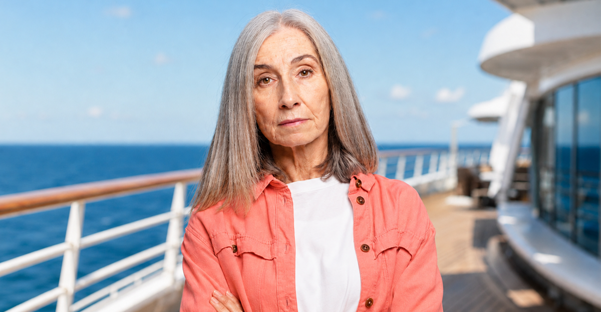Senior woman looking disappointed on the deck of a cruise ship