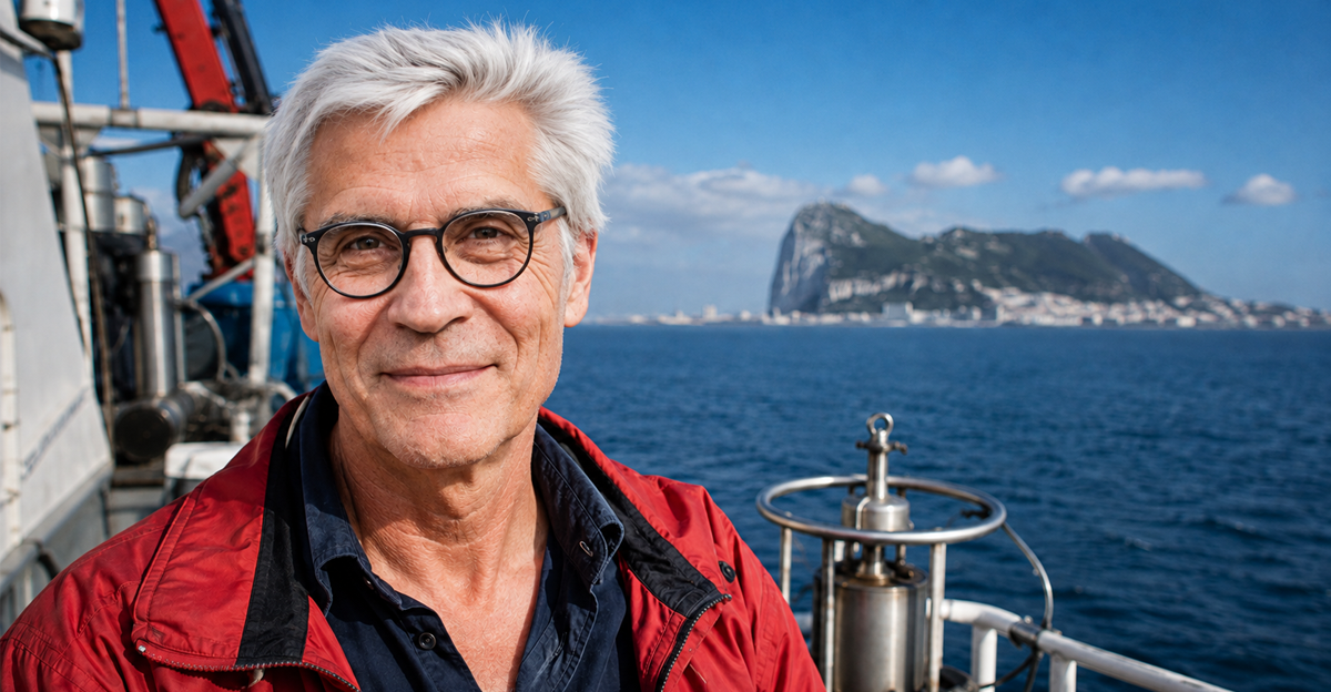 AI-generated image of a smiling scientist aboard a boat, with the Rock of Gibraltar in the background.