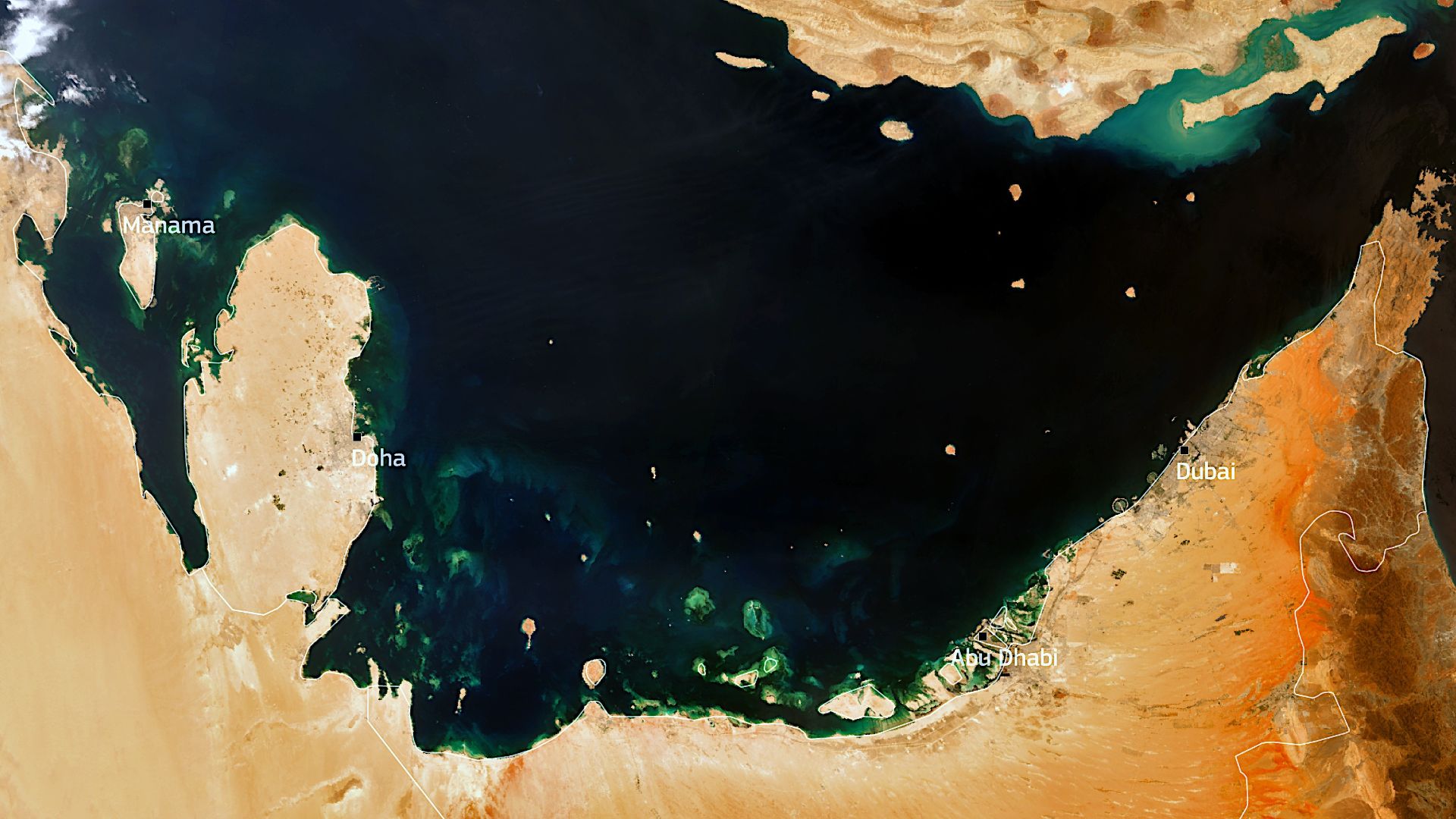 This image, acquired on 25 May 2021 by one of the Copernicus Sentinel-3 satellites, shows Qatar and part of the United Arab Emirates in the Arabian Peninsula. The Arabian Peninsula and in particular Qatar are affected by a severe heatwave. On the day on w