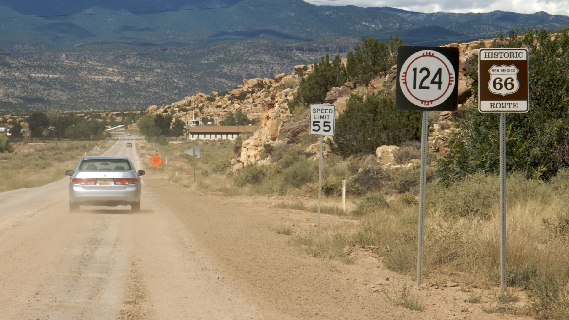 Westbound on NM 124 / historic US 66 in Cibola County west of I-40 exit 104.  Mount Taylor in background.