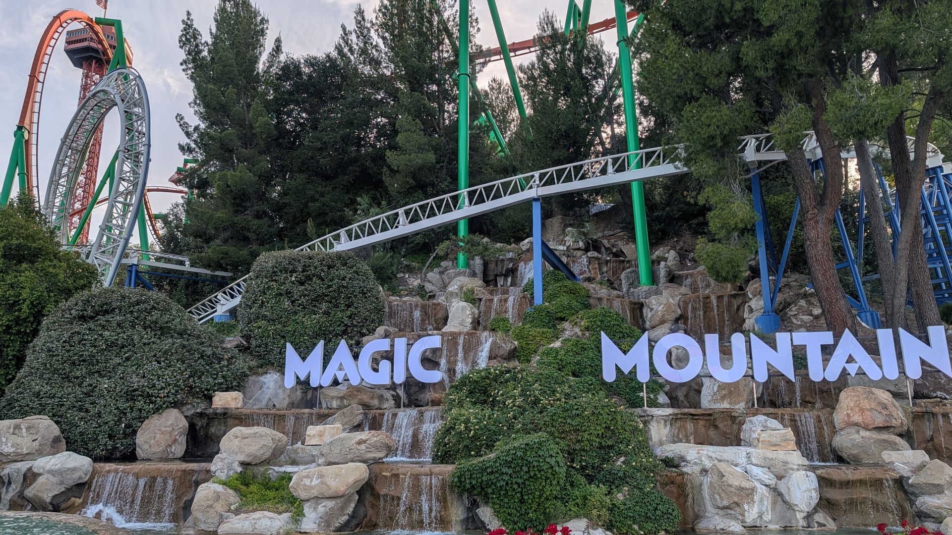 The entrance plaza to Six Flags Magic Mountain in Valencia, California.