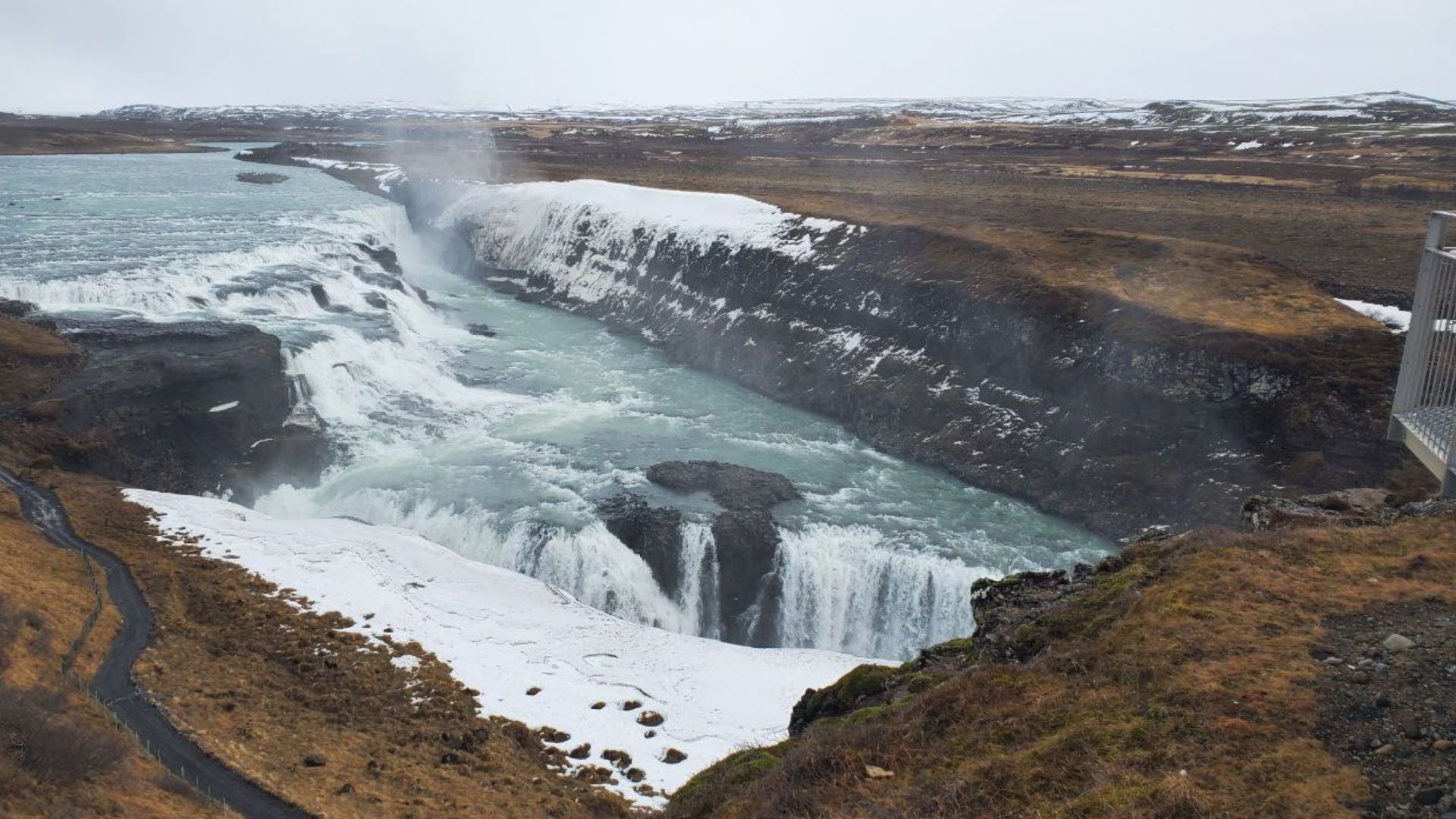 Stunning view of Gullfoss waterfall surrounded by icy landscape in Iceland during winter