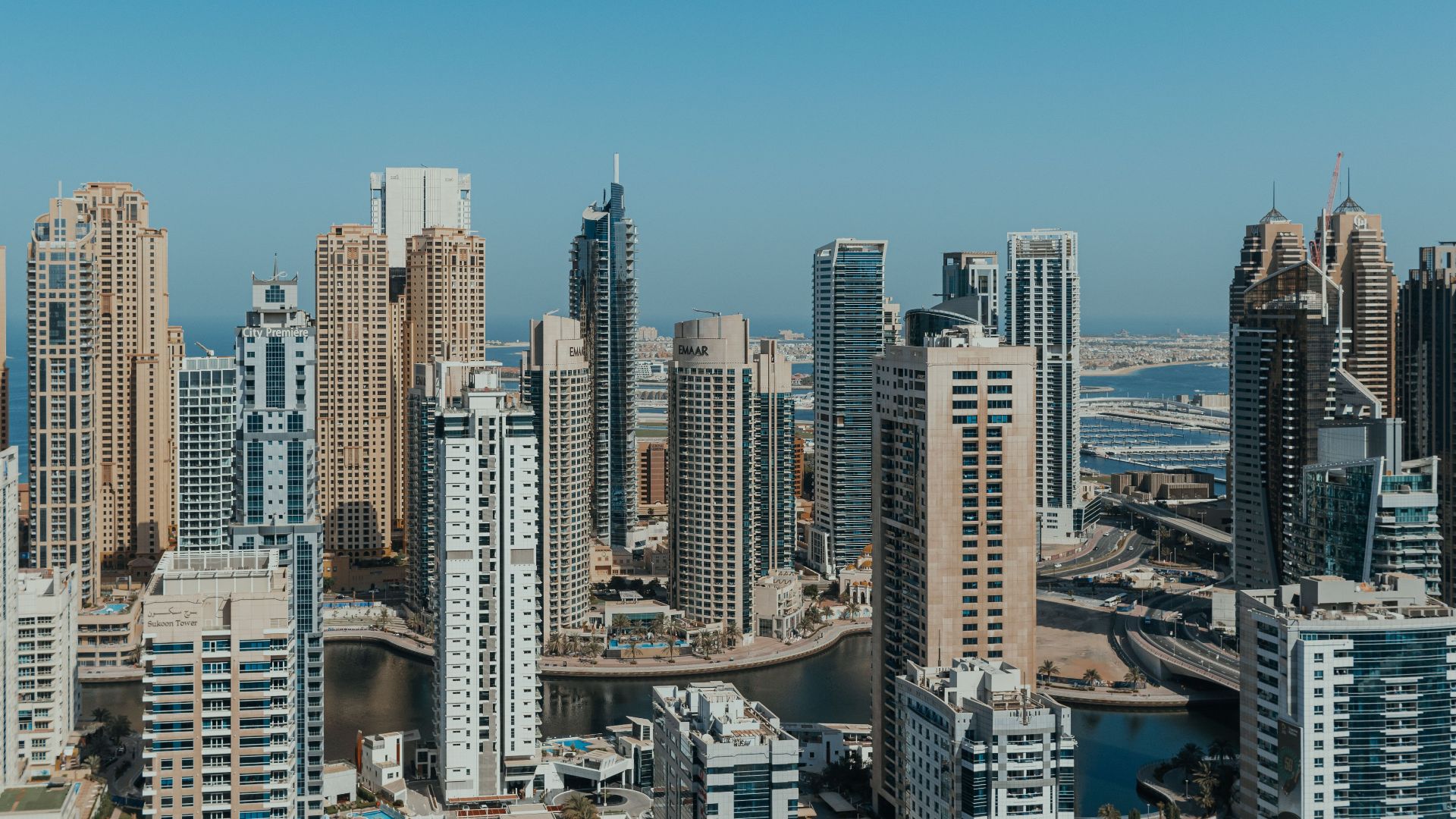 A breathtaking view of Dubai's modern skyline featuring towering skyscrapers and futuristic architecture.